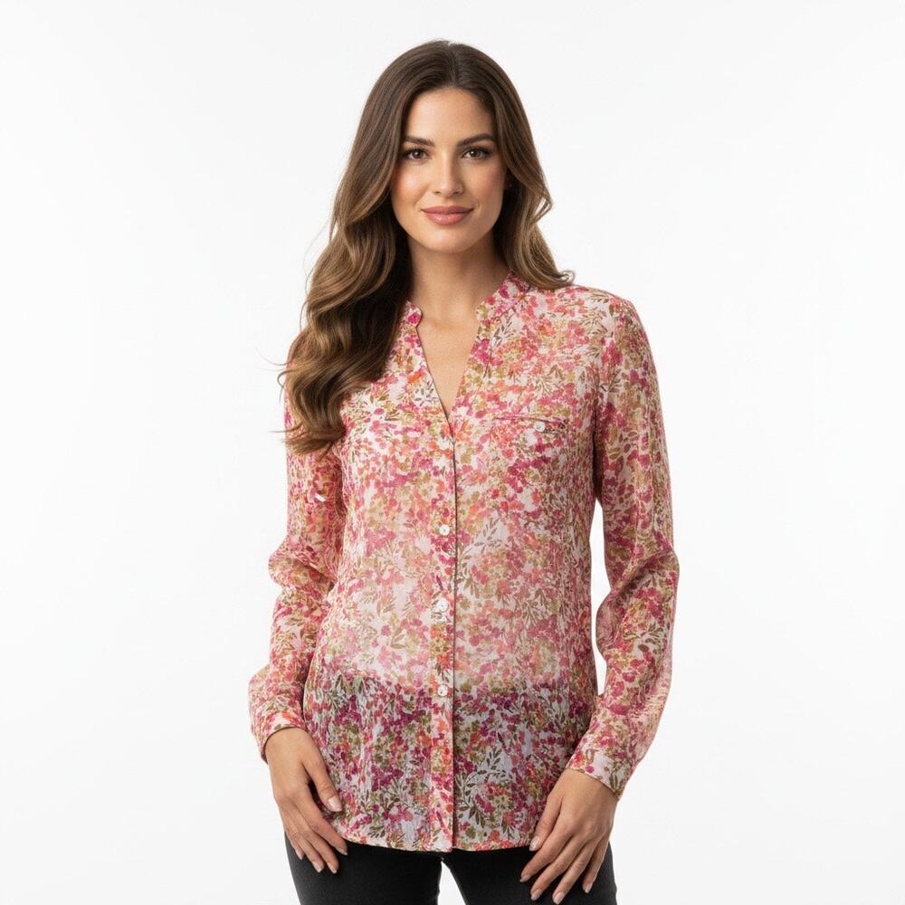 Kut Sheer Floral Long Sleeve Button Up Orange Pink Medium Spring Summer Coquette